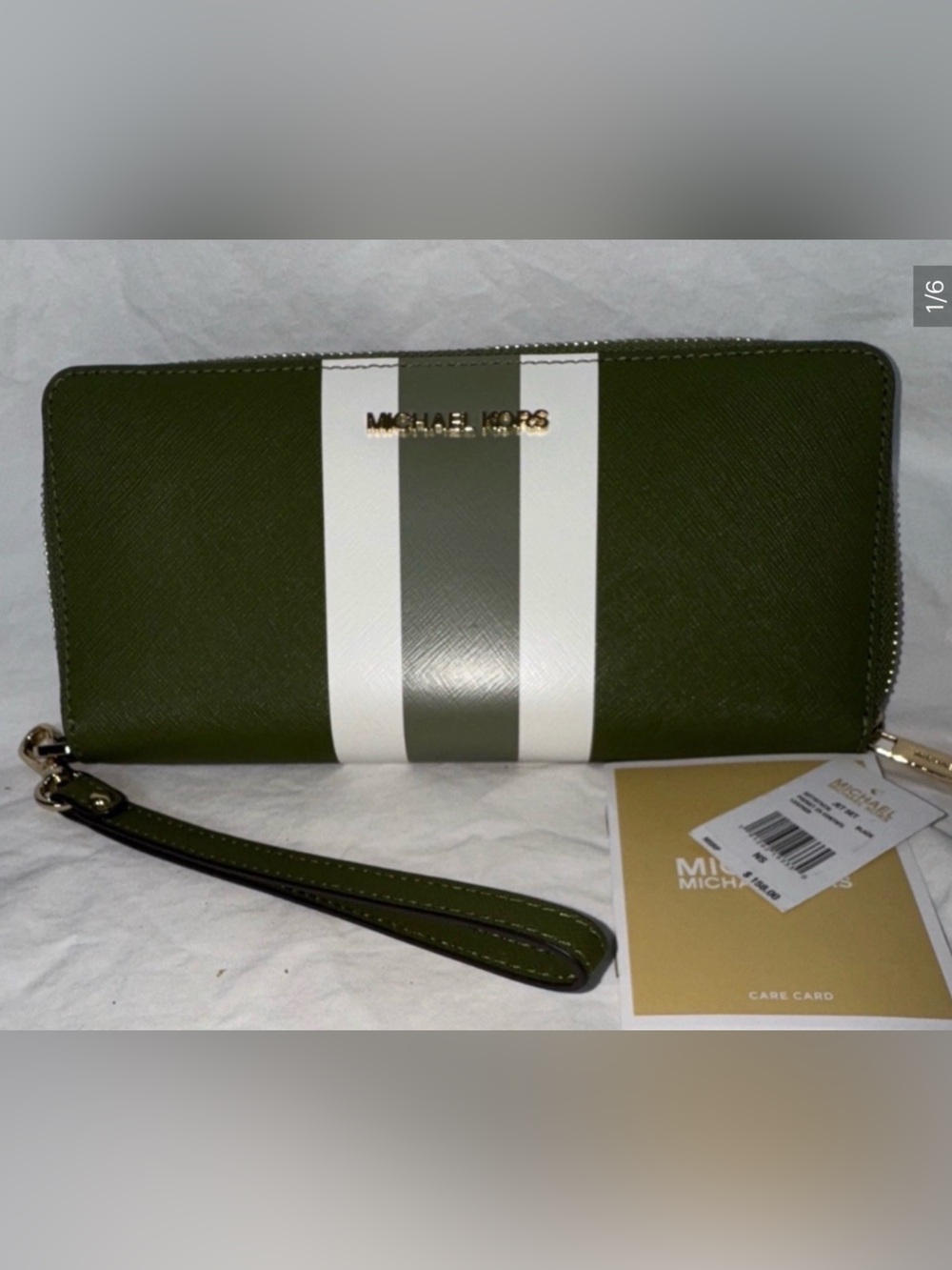 Michael Kors Women's Zip-Around Wristlet Wallet Green/White Striped Logo